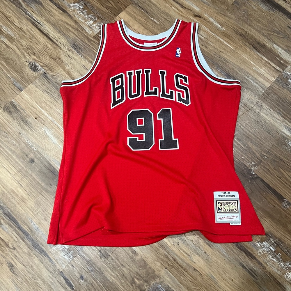 Mitchell & Ness Red and Black Bulls Swingman Rodman Jersey